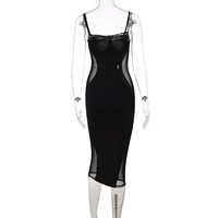 Mesh paneling solid color bodycon dress with built-in bra. - Thumbnail 1