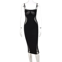 Mesh paneling solid color bodycon dress with built-in bra. - Thumbnail 2