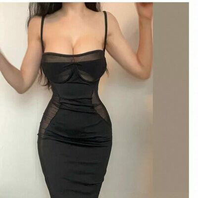 Mesh paneling solid color bodycon dress with built-in bra.