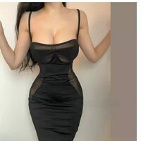 Mesh paneling solid color bodycon dress with built-in bra. - Thumbnail 4