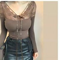 Lace-paneled long-sleeved T-shirt - Thumbnail 1