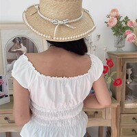 Square-neck top with drawstring ties and pleats - Thumbnail 2