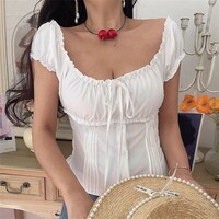 Square-neck top with drawstring ties and pleats - Thumbnail 3