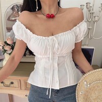 Square-neck top with drawstring ties and pleats - Thumbnail 5