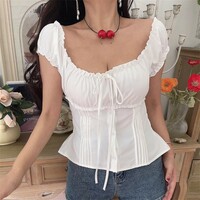 Square-neck top with drawstring ties and pleats - Thumbnail 1