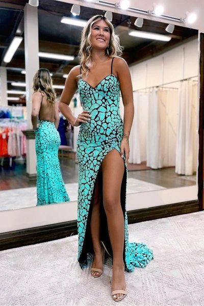 Green Spaghetti Straps Sequin Mermaid Prom Dresses VK23121408