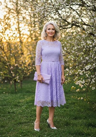 Purple A Line Lace Tea-length Mother of Bride/Groom Dress Evening Formal Gowns 