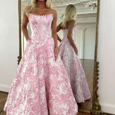 Gorgeous a line scoop neck jacquard satin prom dress with pearls vk25121501