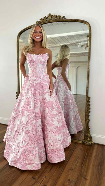 Gorgeous A Line Scoop Neck Jacquard Satin Prom Dress with Pearls VK25121501