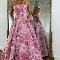 Gorgeous A Line Scoop Neck Jacquard Satin Prom Dress with Pearls VK25121501 - Thumbnail 1