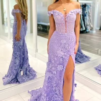Mermaid off the shoulder 3d floral lace long prom dresses with slit vk25122508