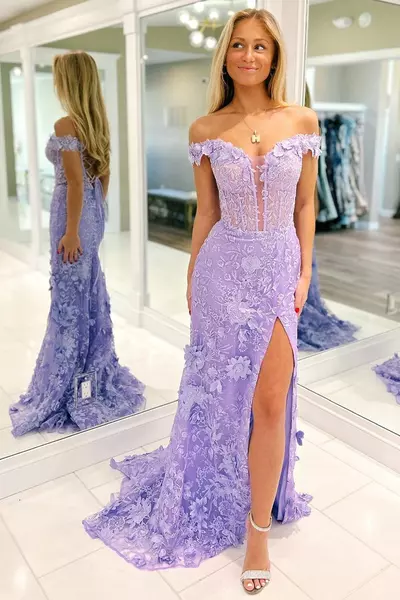 Mermaid Off The Shoulder 3D Floral Lace Long Prom Dresses with Slit VK25122508