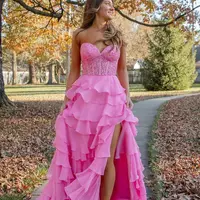 Cute A Line Sweetheart Tiered Chiffon Long Prom Dress with Slit VK25013107 - Thumbnail 4