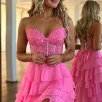 Cute A Line Sweetheart Tiered Chiffon Long Prom Dress with Slit VK25013107 - Thumbnail 3