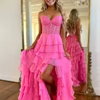 Cute A Line Sweetheart Tiered Chiffon Long Prom Dress with Slit VK25013107 - Thumbnail 2