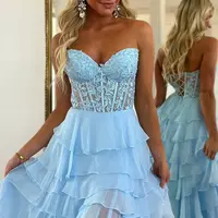 Cute A Line Sweetheart Tiered Chiffon Long Prom Dress with Slit VK25013107 - Thumbnail 1