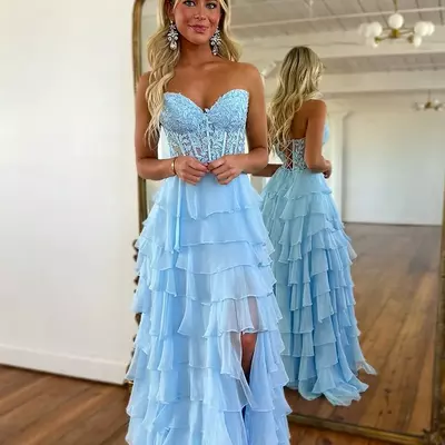 Cute a line sweetheart tiered chiffon long prom dress with slit vk25013107