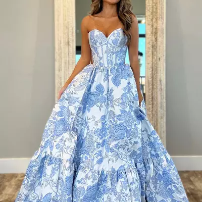 Gorgeous ball gown sweetheart light blue jacquard satin prom dress vk24120315