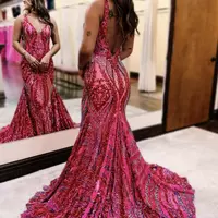 Cute Mermaid Fuchsia Red Sequins Lace Long Prom Dresses VK112118 - Thumbnail 1
