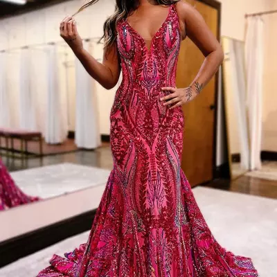 Cute mermaid fuchsia red sequins lace long prom dresses vk112118