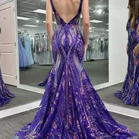 Pretty Fuchsia Sequin Lace V Neck Mermaid Long Prom Dresses VK23120503 - Thumbnail 6