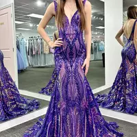 Pretty Fuchsia Sequin Lace V Neck Mermaid Long Prom Dresses VK23120503 - Thumbnail 5