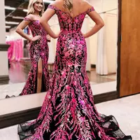 Attractive Fuchsia Sequin Lace Off the Shoulder Mermaid Prom Dress VK24030407 - Thumbnail 1