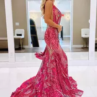 Pretty Fuchsia Sequin Lace V Neck Mermaid Long Prom Dresses VK23120503 - Thumbnail 3