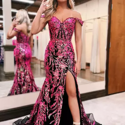 Attractive fuchsia sequin lace off the shoulder mermaid prom dress vk24030407