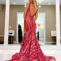 Pretty Fuchsia Sequin Lace V Neck Mermaid Long Prom Dresses VK23120503 - Thumbnail 4