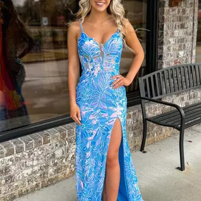 Glitter light blue v neck sequins lace prom dresses with slit vk24011205