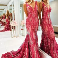 Pretty Fuchsia Sequin Lace V Neck Mermaid Long Prom Dresses VK23120503 - Thumbnail 2