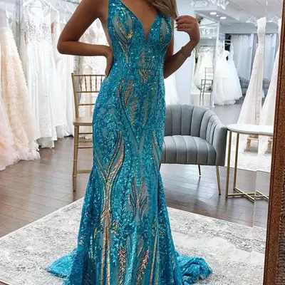 Pretty fuchsia sequin lace v neck mermaid long prom dresses vk23120503