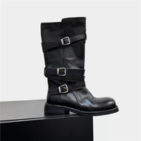 Round-toe dark-style fashion boots with wrap-around belt buckle - Thumbnail 3