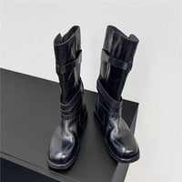 Round-toe dark-style fashion boots with wrap-around belt buckle - Thumbnail 1