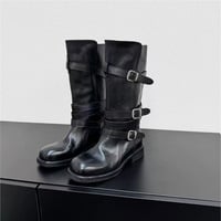 Round-toe dark-style fashion boots with wrap-around belt buckle - Thumbnail 2
