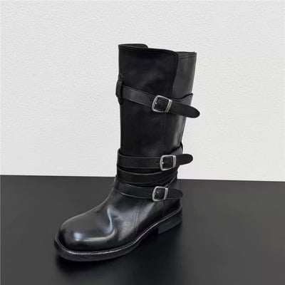 Round-toe dark-style fashion boots with wrap-around belt buckle