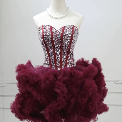 Burgundy tulle strapless short prom dress with rhinestone corset  - Thumbnail 1