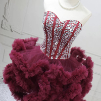 Burgundy Tulle Strapless Short Prom Dress with Rhinestone Corset  - Thumbnail 1