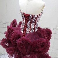 Burgundy Tulle Strapless Short Prom Dress with Rhinestone Corset  - Thumbnail 2