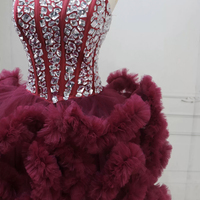 Burgundy Tulle Strapless Short Prom Dress with Rhinestone Corset  - Thumbnail 3