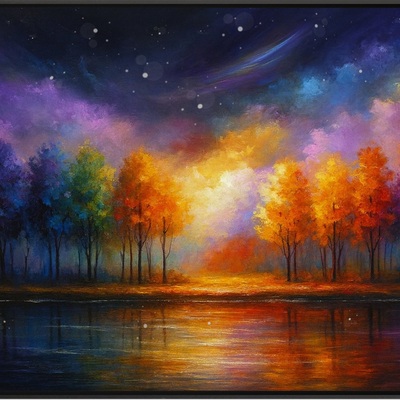 Celestial grove - rainbow forest reflections under cosmic skies
