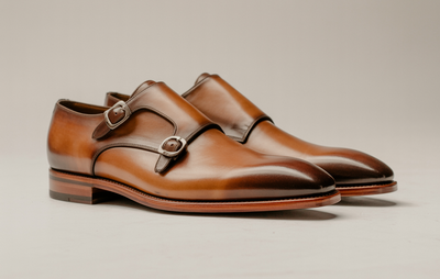 Crafted Leather Mens Designer Classic Luxury Cognac Brown Patina Leather Monk Strap Dress Shoes