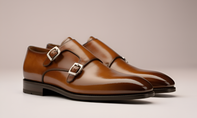 Crafted Leather Mens Designer Classic Luxury Cognac Brown Patina Leather Monk Strap Dress Shoes