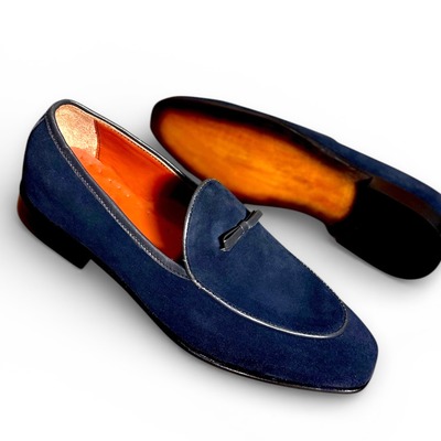 Handmade men blue suede leather tassel loafers shoes