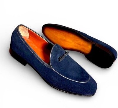 Handmade Men Blue Suede Leather Tassel Loafers Shoes