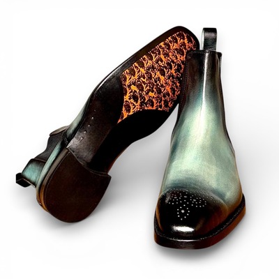 Handmade men cyan green patina leather chelsea dress ankle boot