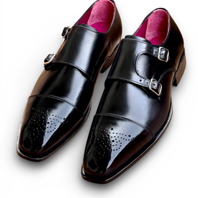 Handmade men black patina leather dress shoes