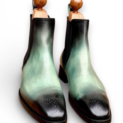 Crafted leather handmade men cyan green patina leather chelsea dress boot