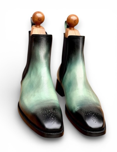 Crafted Leather Handmade Men Cyan Green Patina Leather Chelsea Dress Boot